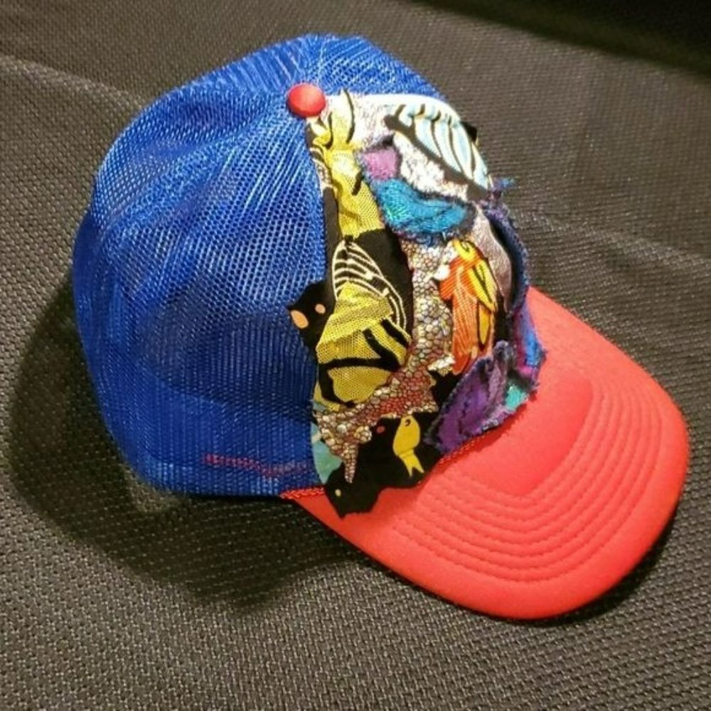 Trucker Hat, Custom , Patchwork Red/Blk Euc - image 2
